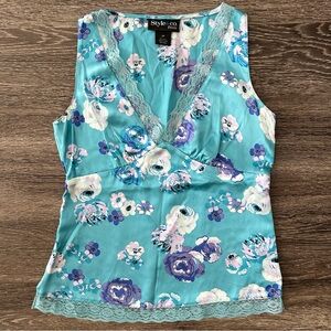 Style & Co. Petite Size 2 Babydoll 100% Silk Lace Trim Tank Top Blue Floral Y2K